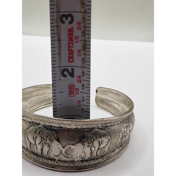 Vintage Elephant Cuff Bracelet Wide Metal Band Etched Design Boho Tribal Style - Picture 9 of 11